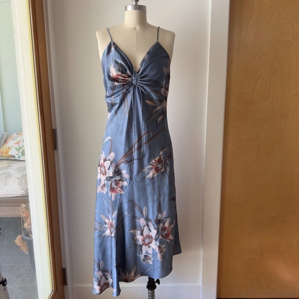 All Saints Alexia Kuroyuri Satin Asymmetric Slip Midi Dress-Blue Floral-6-*Read*